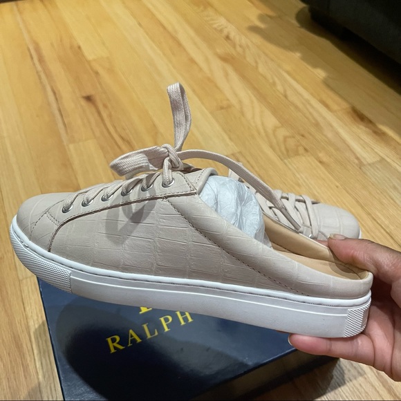 NIB Polo Ralph Lauren Delia Pink Embossed Faux Croc Slide on Sneakers - Picture 3 of 4